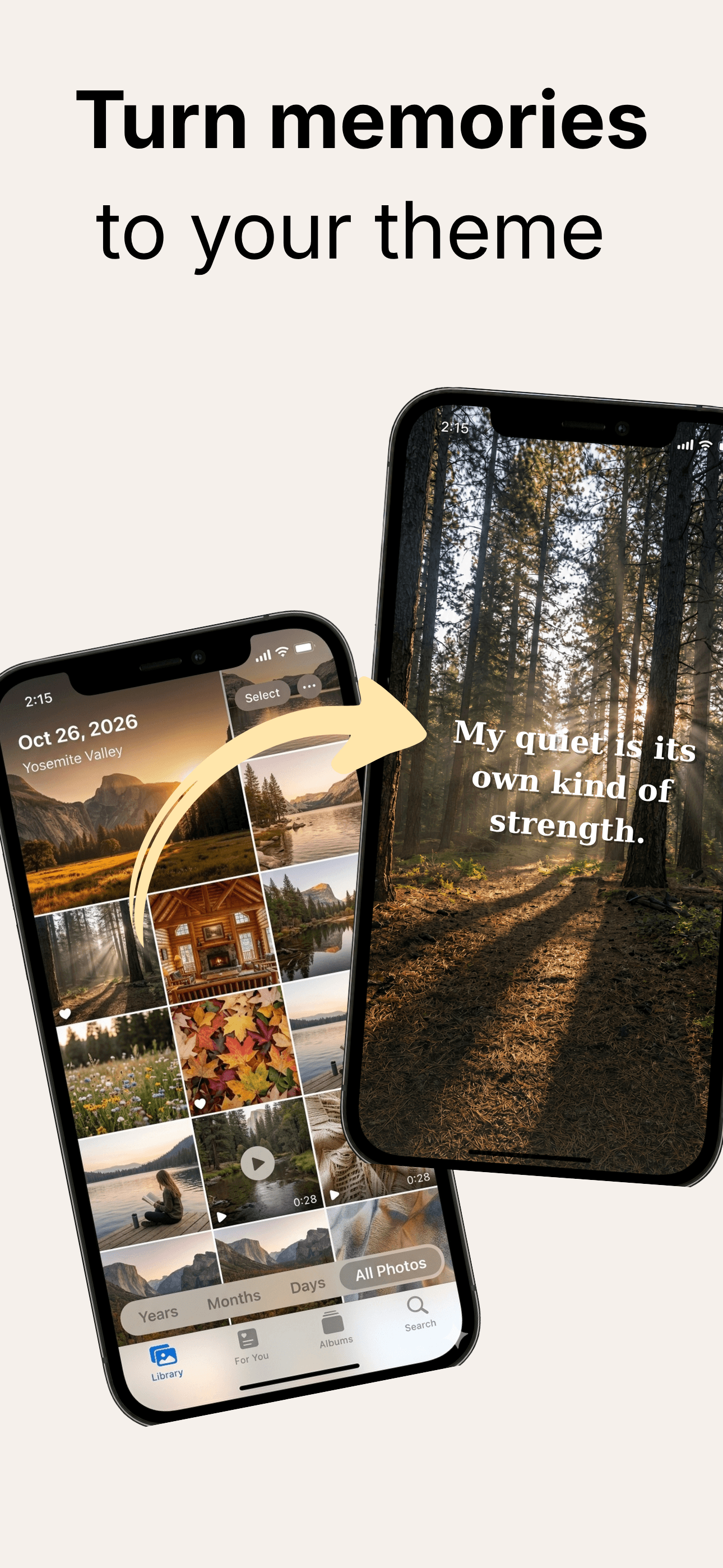 Today I Am App Store screenshot: Turn your own memories into affirmation themes