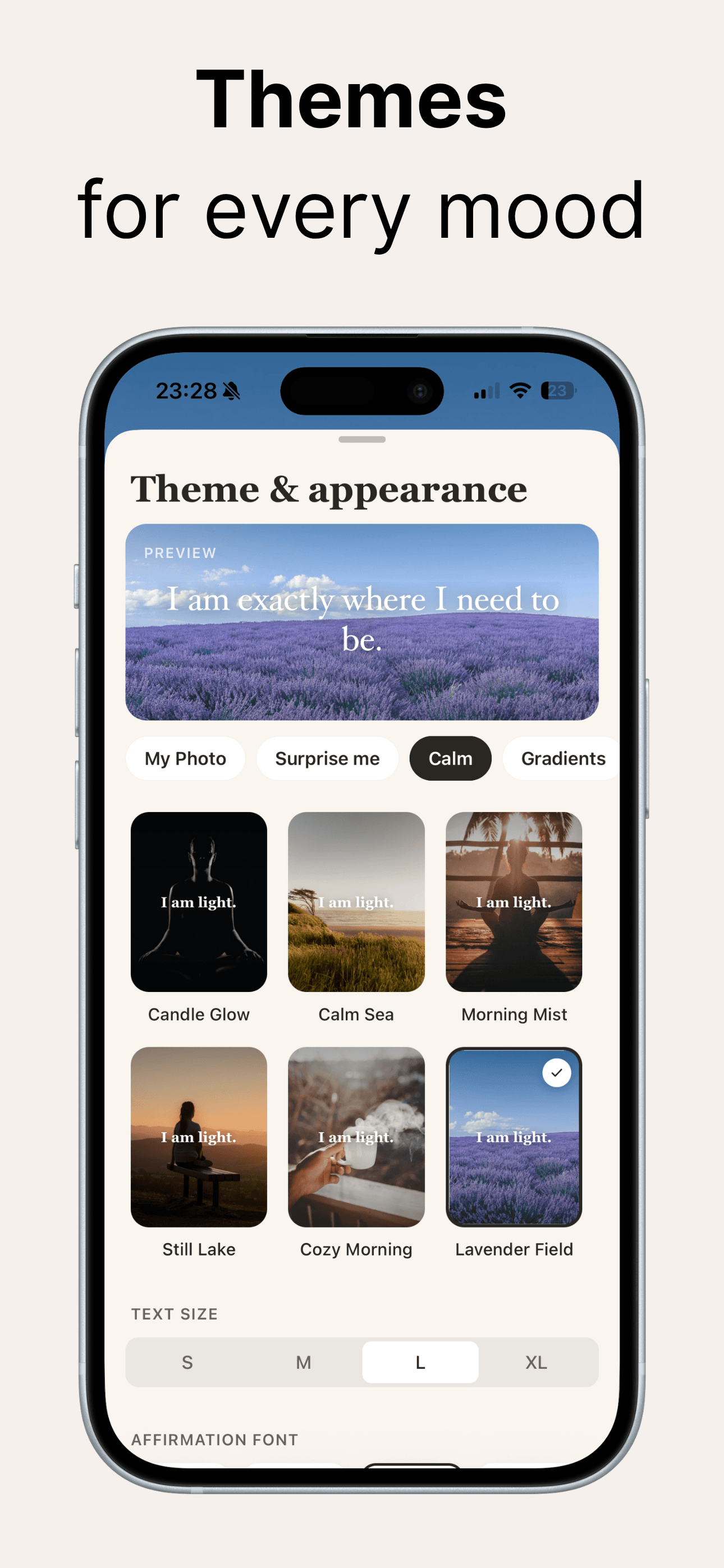 Today I Am App Store screenshot: Themes for every mood in the theme and appearance picker