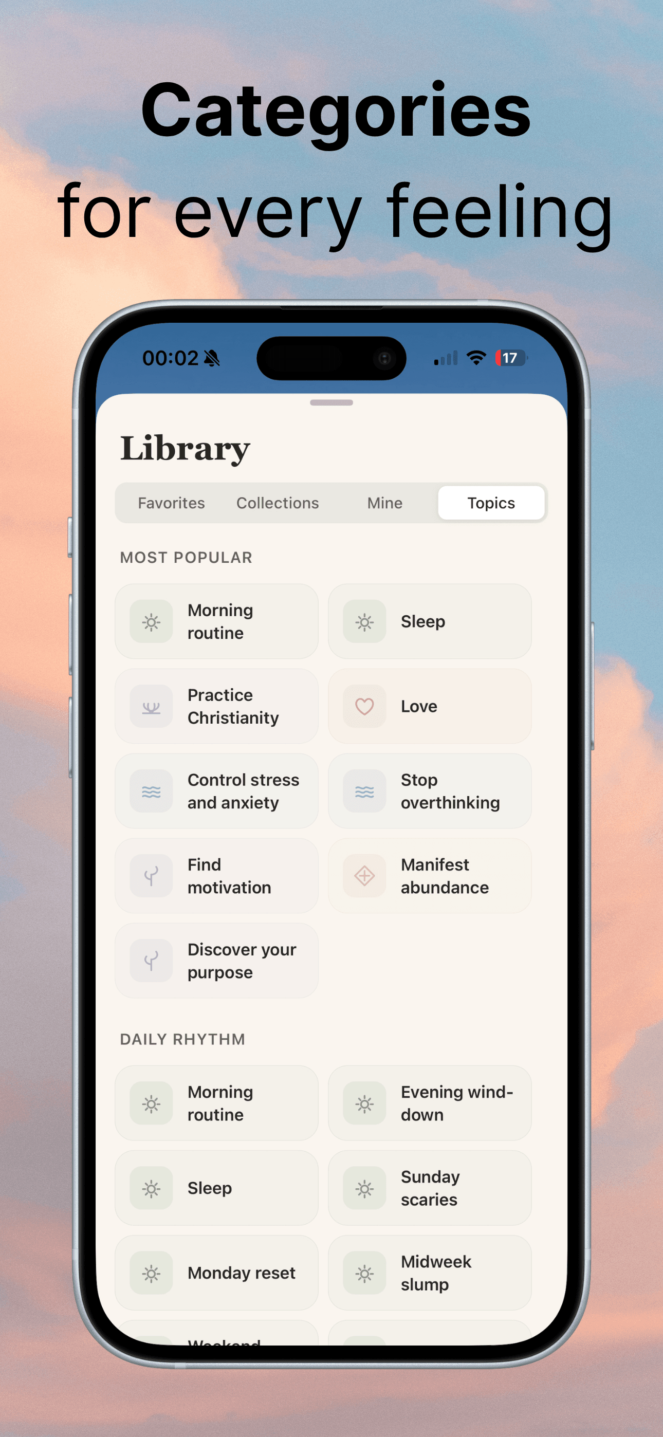 Today I Am App Store screenshot: Categories for every feeling in the topic library
